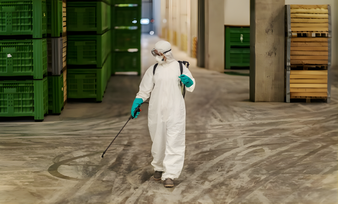 Técnico aplicando produto em piso industrial
